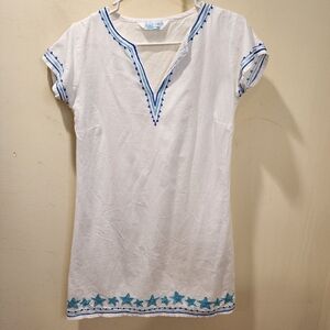 Jus Be White  Cotton Blend Tunic with Blue Star Embroidery  Size S